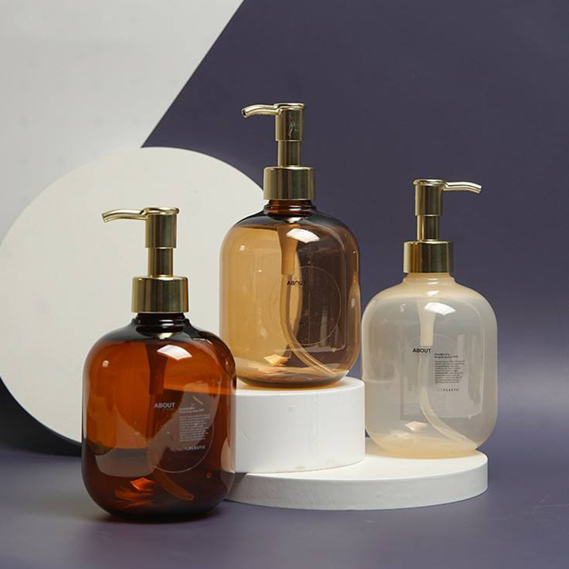 300ml 500ml PET Plastik Amber Yuvarlak Boş Saç Kremi Vücut Losyonu Şişesi Altın PET Losyon Pompası Şampuan Şişesi