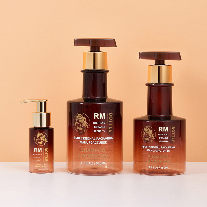 Ücretsiz Örnek Amber Siyah Altın Uzun Boyun Şampuan Şişesi Boş El Yıkama Şişesi Plastik Vücut Losyonu Pompa Şişeleri 300 ml 500 ml