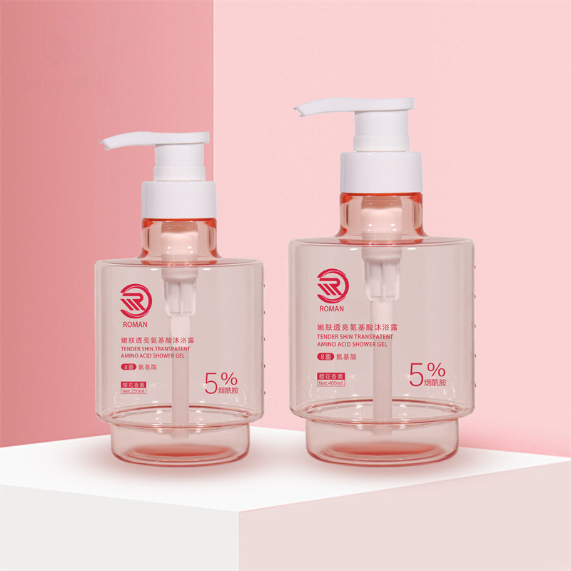Yeni Geliş Premium Pembe 250ml 300ml 400ml Mat Şeffaf Boş Yuvarlak Lüks Cilt Bakımı Vücut Yağı Yüz Serum Pompası ve Ambalajlı Losyon Şişesi